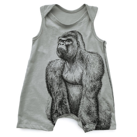 Grey Sleeveless Romper with Gorilla Print